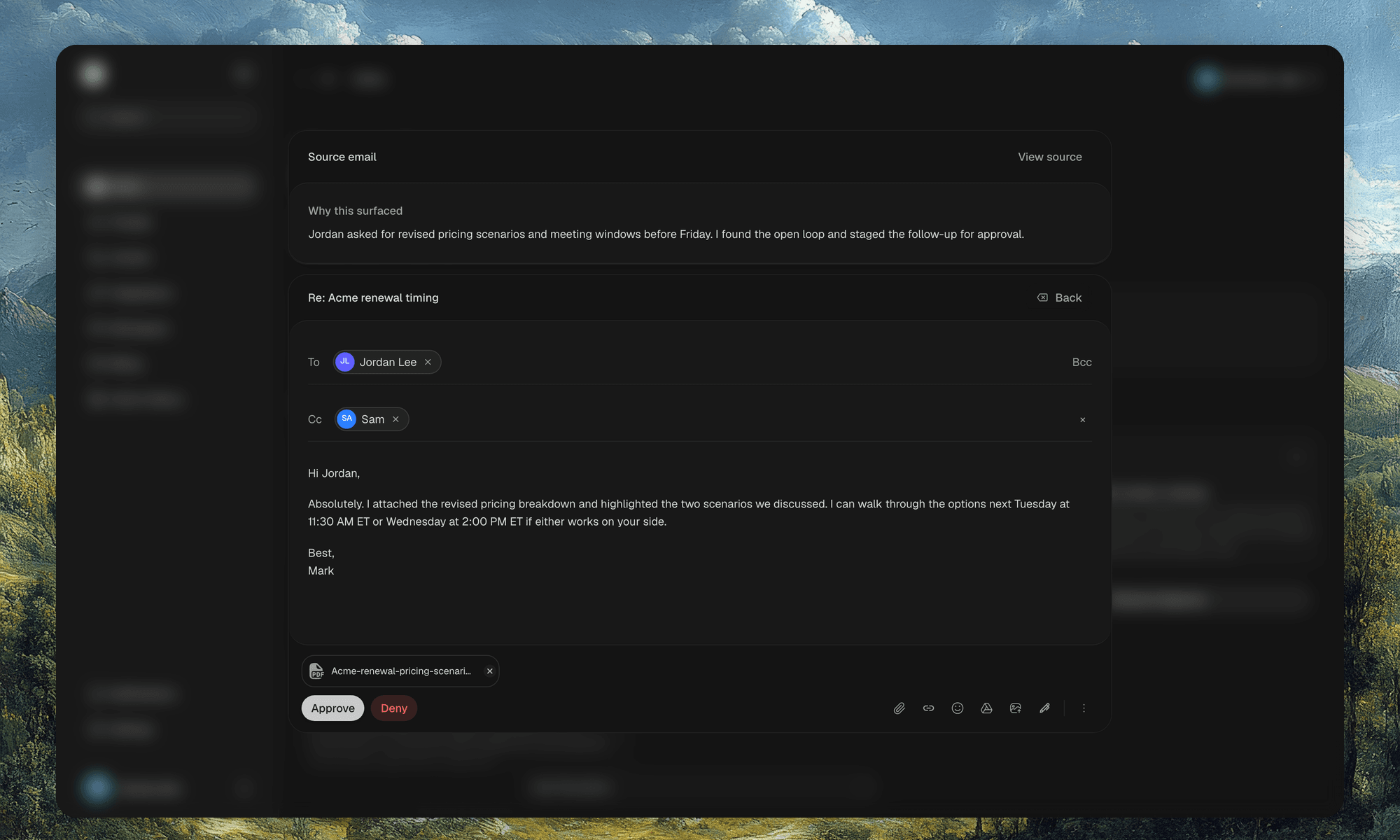 Approval modal for a prepared follow-up