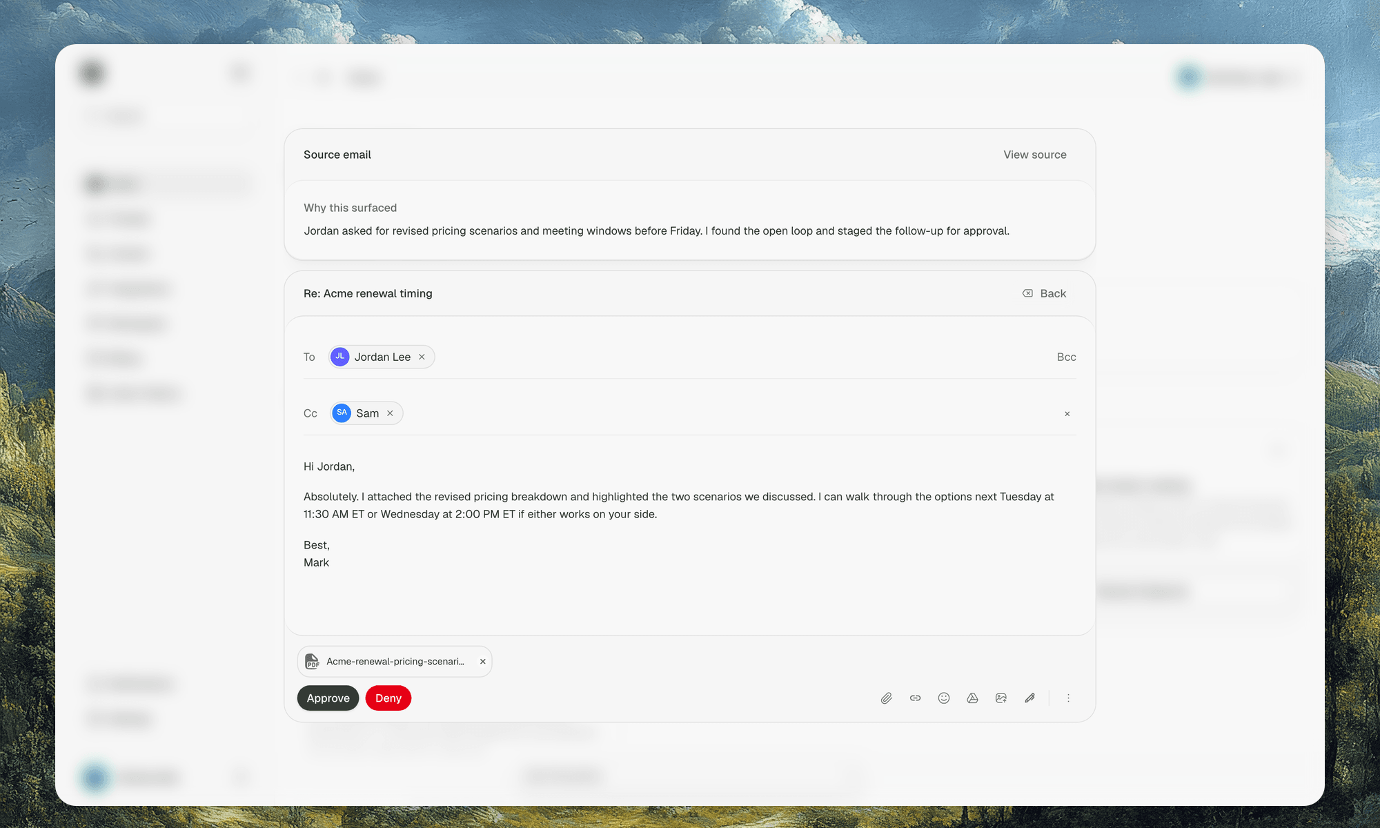 Approval modal for a prepared follow-up