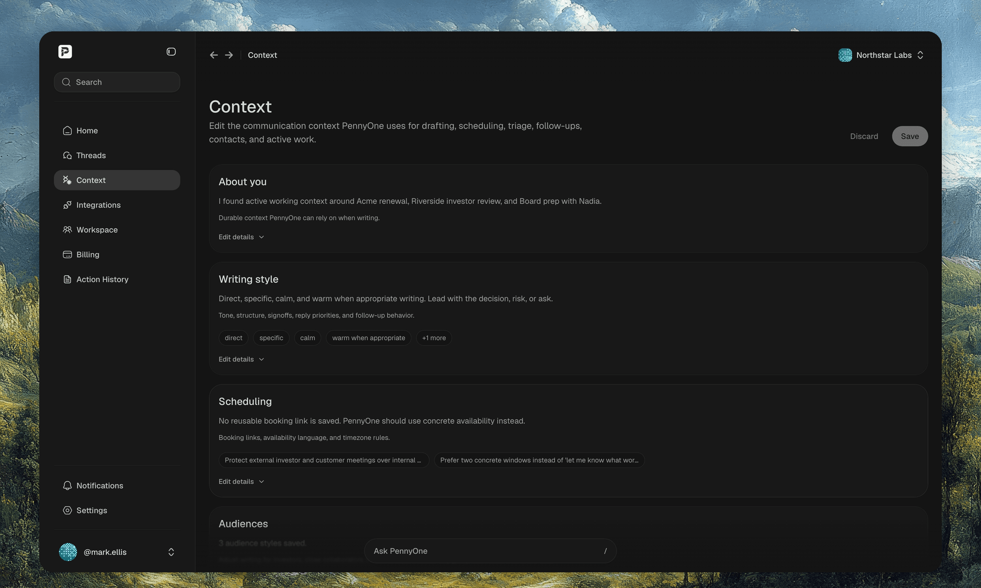 Context review page with editable communication profile